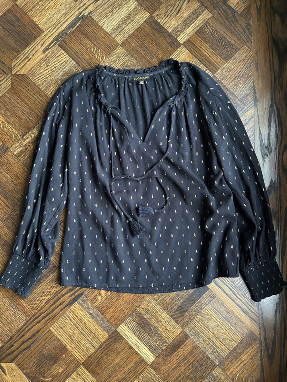 Sugarlips Black Blouse with Gold Metallic Dot Tassel Neck